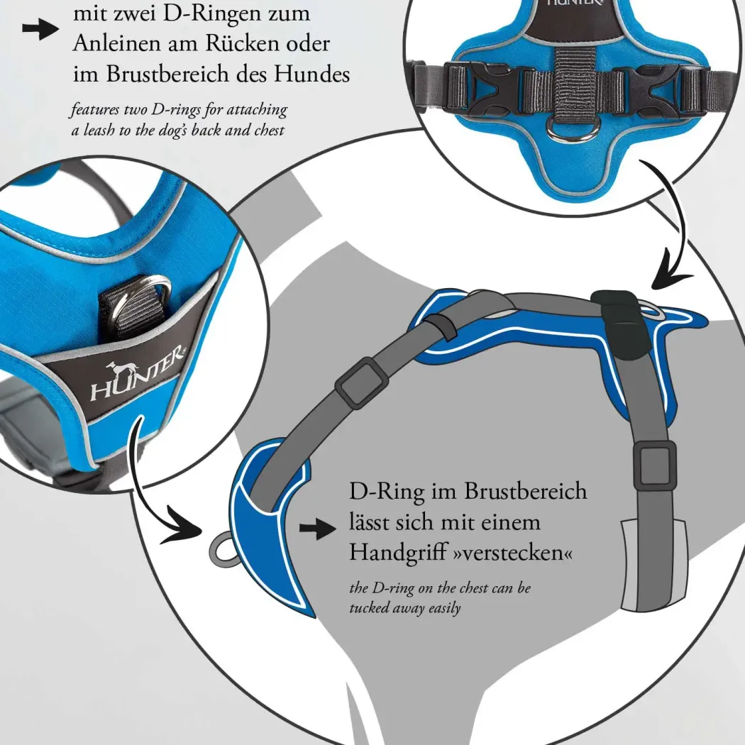 Hunter Divo hundesele XS petrol/grå just mave 34-47 cm - Stabil pasform og synlig sikkerhed