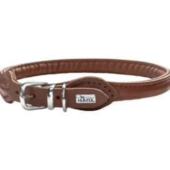 Hunter rundsyet halsbånd okselæder brun 50 cm - justering 41-46 cm skånsom komfort til store hunde